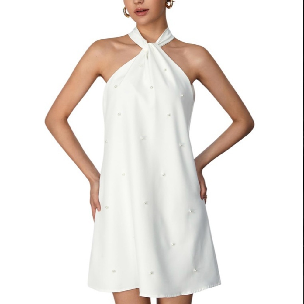 Floerns cream pearl beaded sleeveless halter dress with back tie, size M